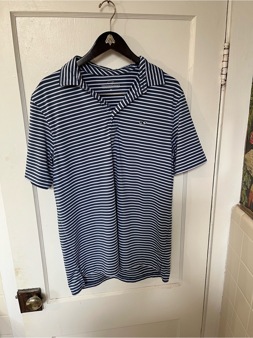 Vineyard Vines Men’s Performance Sankaty Polo Shirt Medium Blue White Stripe EUC